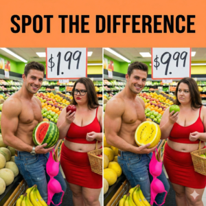 A man and woman shopping for fruit; one image shows the man with a yellow watermelon and the woman with glasses, revealing the differences.