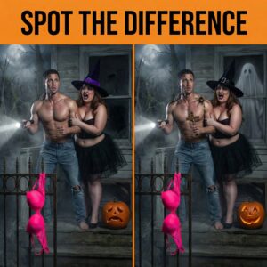 A scared couple on a porch; one image shows a ghost in the window and a spider on the man, revealing the spooky differences.