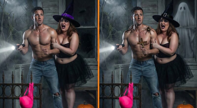 A scared couple on a porch; one image shows a ghost in the window and a spider on the man, revealing the spooky differences.