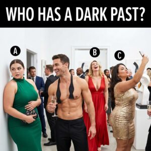 A shirtless man with three women at a gala; one woman presses her back to the wall and clutches her purse, revealing her hyper-vigilant dark past.