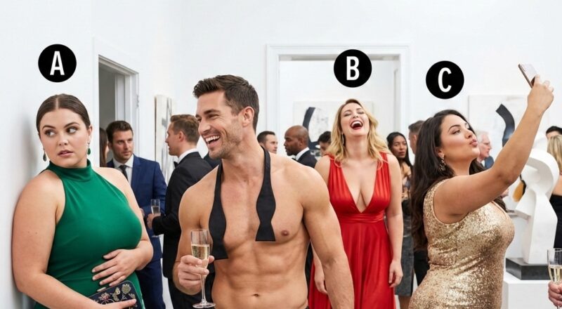 A shirtless man with three women at a gala; one woman presses her back to the wall and clutches her purse, revealing her hyper-vigilant dark past.