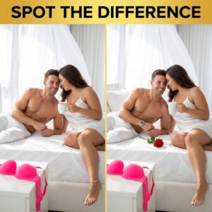 A shirtless man and a voluptuous woman sharing a romantic morning in a white bed; revealing hidden differences between two images.