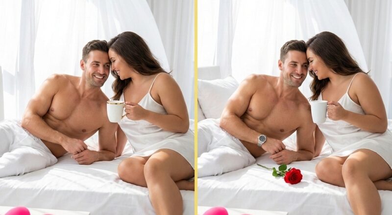 A shirtless man and a voluptuous woman sharing a romantic morning in a white bed; revealing hidden differences between two images.