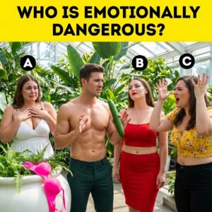 A shirtless man trying to calm down three women; one woman stares coldly with an asymmetrical smirk of contempt, revealing she is emotionally dangerous.