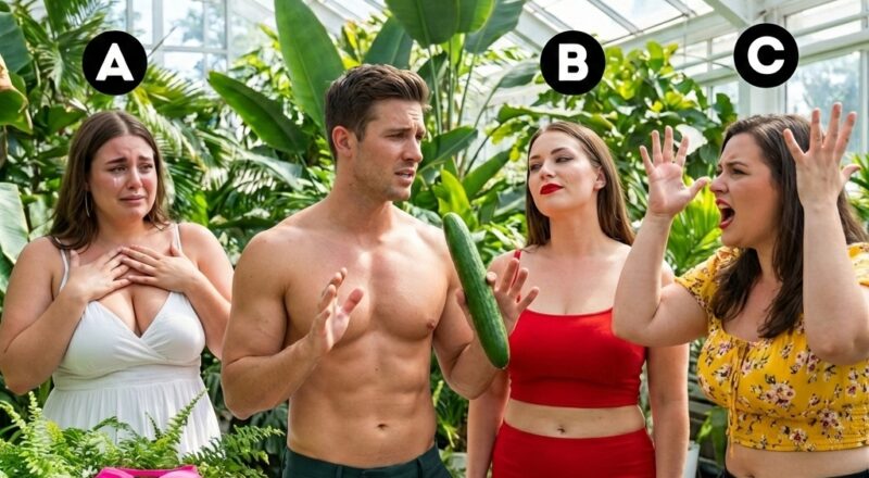 A shirtless man trying to calm down three women; one woman stares coldly with an asymmetrical smirk of contempt, revealing she is emotionally dangerous.