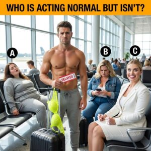 A shirtless man annoyed by a flight delay while three women react; one woman sits upright with a fake smile and tightly clenched fists, revealing her hidden stress.