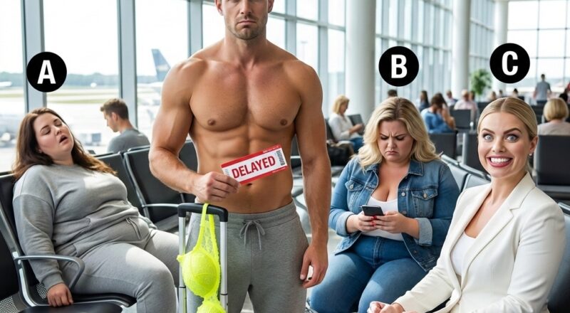 A shirtless man annoyed by a flight delay while three women react; one woman sits upright with a fake smile and tightly clenched fists, revealing her hidden stress.
