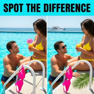 A shirtless man and a voluptuous woman relaxing by a bright luxury swimming pool; revealing hidden differences between two images.