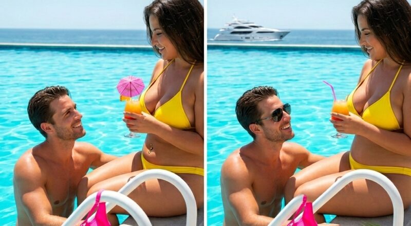 A shirtless man and a voluptuous woman relaxing by a bright luxury swimming pool; revealing hidden differences between two images.