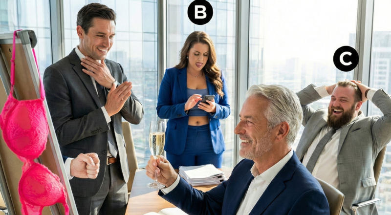 A boardroom scene showing three colleagues; one man touches his neck and clenches a fist, revealing signs of stress and hidden betrayal.