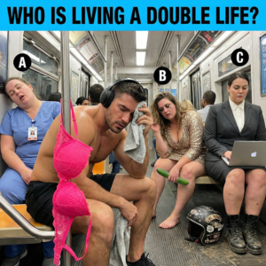 A subway scene showing three women; one woman wears a business suit but hides a motorcycle helmet and combat boots, revealing a double life.