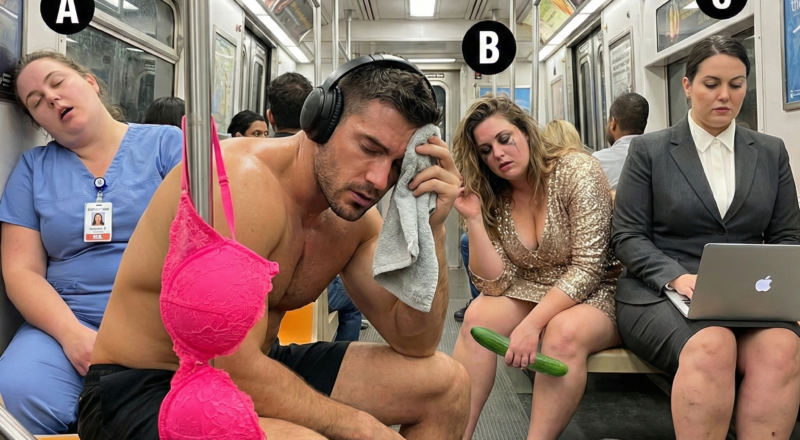 A subway scene showing three women; one woman wears a business suit but hides a motorcycle helmet and combat boots, revealing a double life.