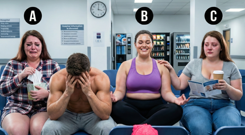 A hospital waiting room scene showing three women; one is reading a pamphlet and comforting another, revealing true mental resilience.