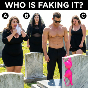 A funeral scene showing three women; one woman peeks over her handkerchief while crying, revealing she is faking her emotions for attention.