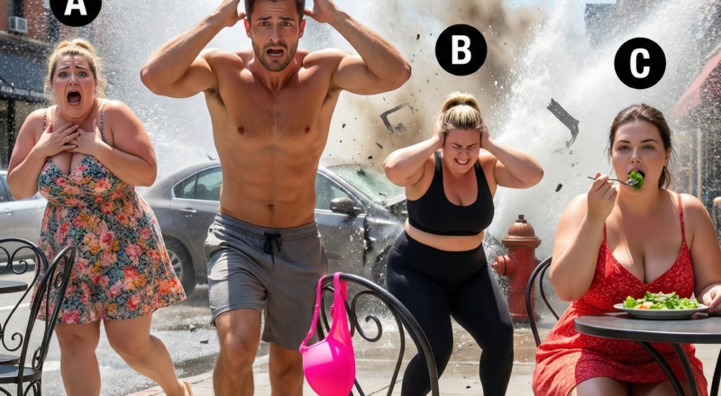 A car crash scene where one woman continues eating calmly while others scream and panic, revealing her psychopathic lack of fear.