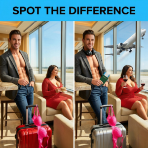 A couple in an airport lounge; one image shows a plane in the window and the woman holding wine, revealing the differences.