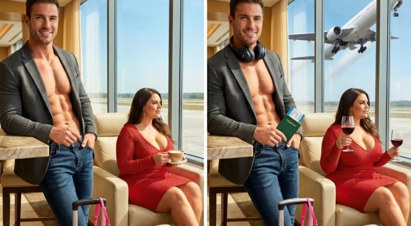 A couple in an airport lounge; one image shows a plane in the window and the woman holding wine, revealing the differences.