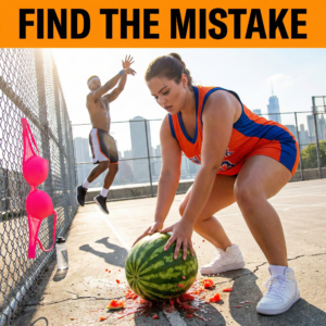 A woman on a basketball court dribbling a large green watermelon instead of a basketball, revealing a funny logical error.
