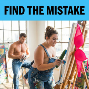 A woman in an art studio painting on a canvas using a corn on the cob instead of a brush, revealing a funny logical error.