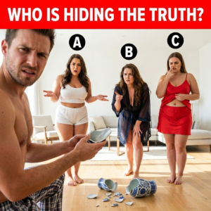 A man questioning three women about a broken vase; one woman touches her nose and gives a half-shrug, revealing her deception.