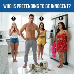 A shirtless man questioning three women about broken glass; one woman hides her hands and bites her lip, revealing her fake innocence.