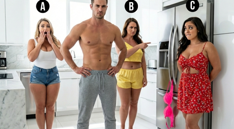 A shirtless man questioning three women about broken glass; one woman hides her hands and bites her lip, revealing her fake innocence.