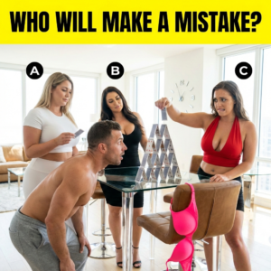 A man watching three women build a house of cards; one woman is sweating, trembling, and checking the clock, revealing her impending failure.