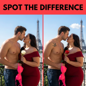 A shirtless man and a voluptuous woman leaning in for a romantic kiss on a Parisian balcony; revealing hidden differences between two images.
