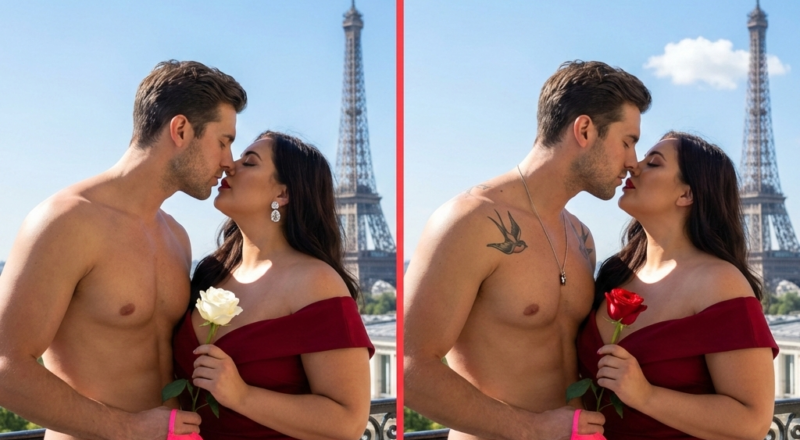 A shirtless man and a voluptuous woman leaning in for a romantic kiss on a Parisian balcony; revealing hidden differences between two images.