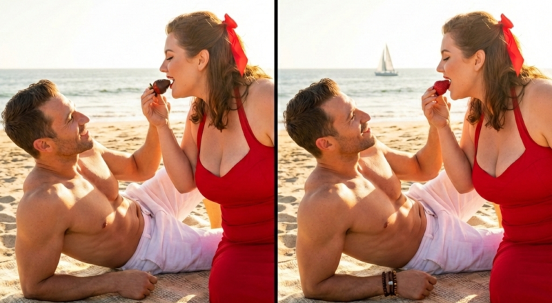 A shirtless man and a voluptuous woman sharing a romantic sunset picnic on the beach; revealing hidden differences between two images.