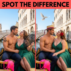 A shirtless man and a voluptuous woman enjoying a romantic gondola ride in Venice; revealing hidden differences between two images.