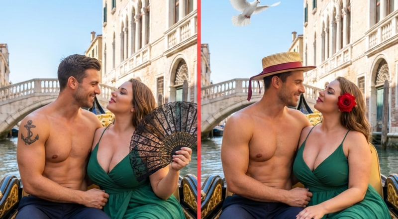 A shirtless man and a voluptuous woman enjoying a romantic gondola ride in Venice; revealing hidden differences between two images.