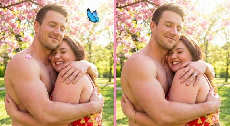 A shirtless man and a voluptuous woman sharing a deep romantic hug under a cherry blossom tree; revealing hidden differences between two images.