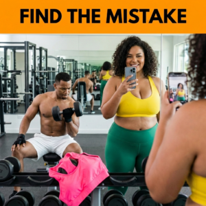 A woman trying to take a mirror selfie at the gym, but she is holding her smartphone completely backward with the screen facing the mirror.