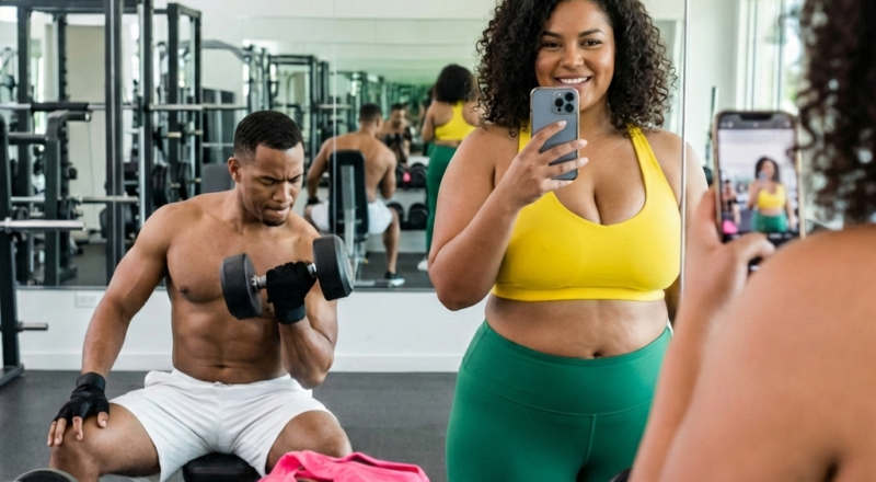A woman trying to take a mirror selfie at the gym, but she is holding her smartphone completely backward with the screen facing the mirror.