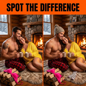 A shirtless man and a voluptuous woman relaxing by a fireplace in a rustic cabin; revealing hidden differences between two images.