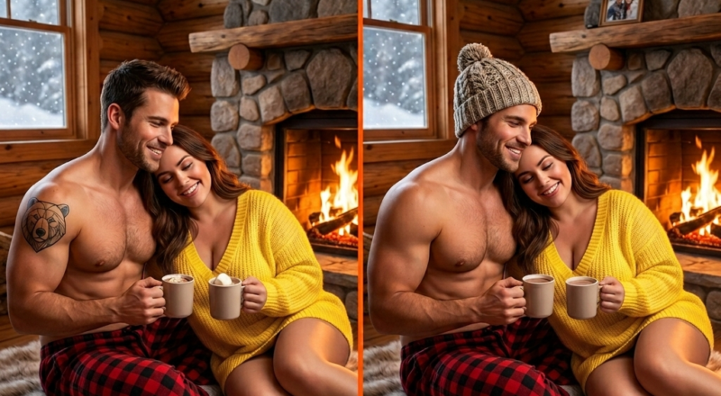 A shirtless man and a voluptuous woman relaxing by a fireplace in a rustic cabin; revealing hidden differences between two images.