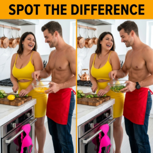 A shirtless man and a voluptuous woman cooking a meal together in a bright modern kitchen; revealing hidden differences between two images.