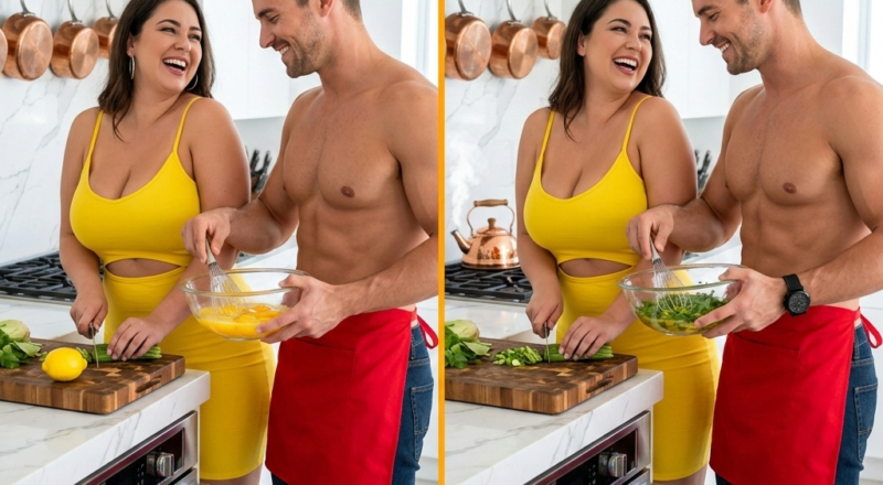 A shirtless man and a voluptuous woman cooking a meal together in a bright modern kitchen; revealing hidden differences between two images.
