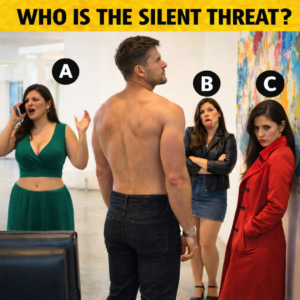 A shirtless man looking at art in a museum while three women stand behind him; one woman stands sideways with hidden hands and a predatory stare, revealing she is a silent threat.