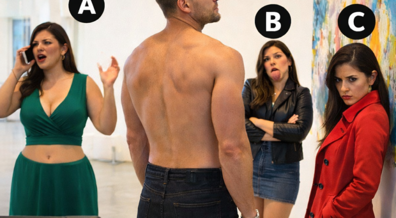 A shirtless man looking at art in a museum while three women stand behind him; one woman stands sideways with hidden hands and a predatory stare, revealing she is a silent threat.