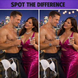 A shirtless man and a voluptuous woman enjoying cocktails at a bright evening rooftop bar; revealing hidden differences between two images.