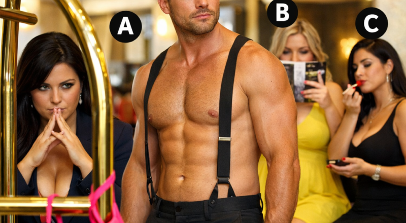 A shirtless man in a hotel lobby while three women are around him; one woman sits perfectly still with a steepling gesture, revealing she is watching him closely.