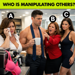 A man looking confused as two women fight, while a third woman comforts one but secretly smirks, revealing her manipulation.