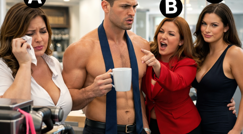 A man looking confused as two women fight, while a third woman comforts one but secretly smirks, revealing her manipulation.