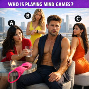 A shirtless man looking confused while three women surround him; one woman touches his arm while turning her body away, revealing her toxic mind games.