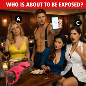 A shirtless man holding up a phone with a secret while three women react; one woman hikes her shoulders up and pulls her collar in panic, revealing her guilt.