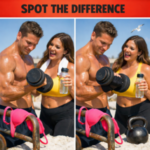 A shirtless muscular man lifting weights while a voluptuous woman cheers him on at a bright outdoor beach gym; revealing hidden differences between two images.