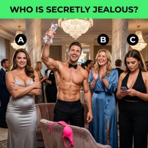 A shirtless man celebrating with an award while three women react; one woman stands with tightly crossed arms and a compressed smile, revealing her secret jealousy.