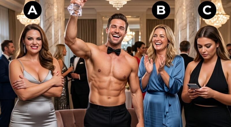 A shirtless man celebrating with an award while three women react; one woman stands with tightly crossed arms and a compressed smile, revealing her secret jealousy.